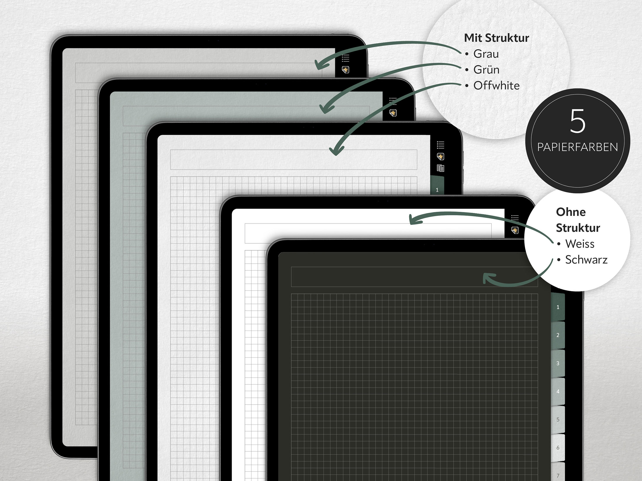Digitales Notizbuch in Grün-Gold Optik mit 12 Registern. Es stehen 5 Papierfarben zur Verfügung.