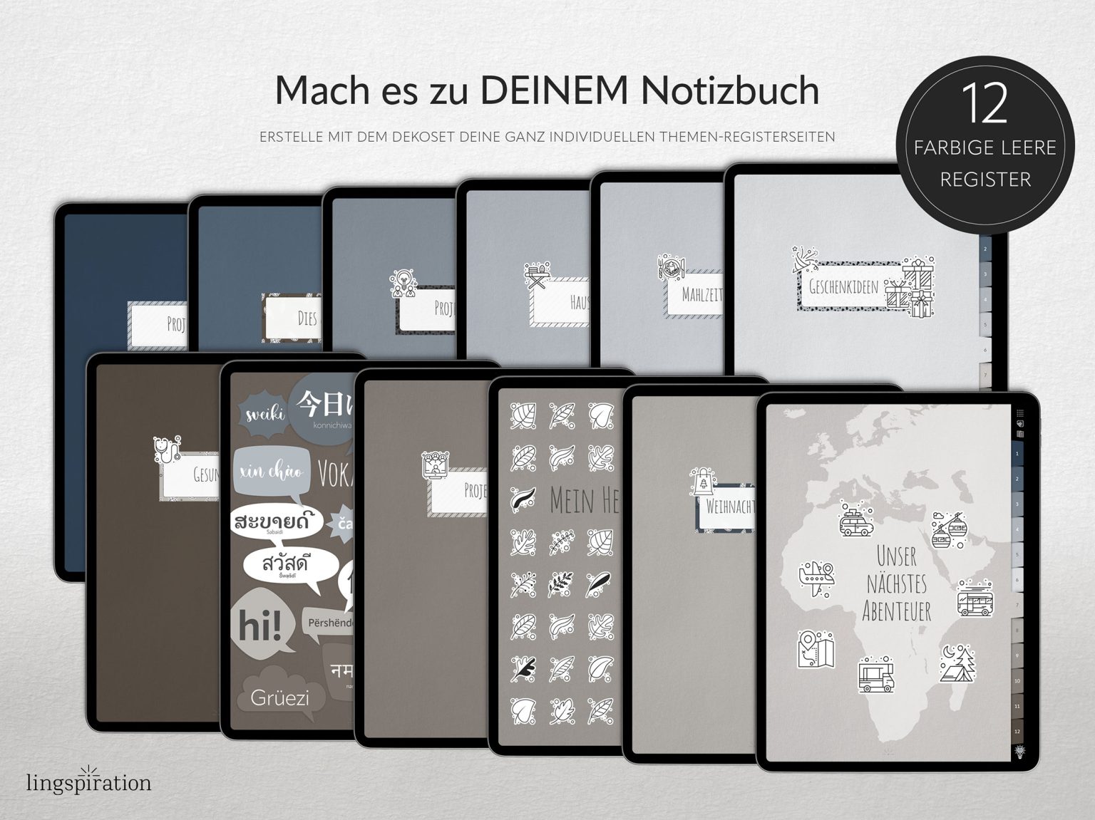 12 Registerseiten in Blue-Mocca